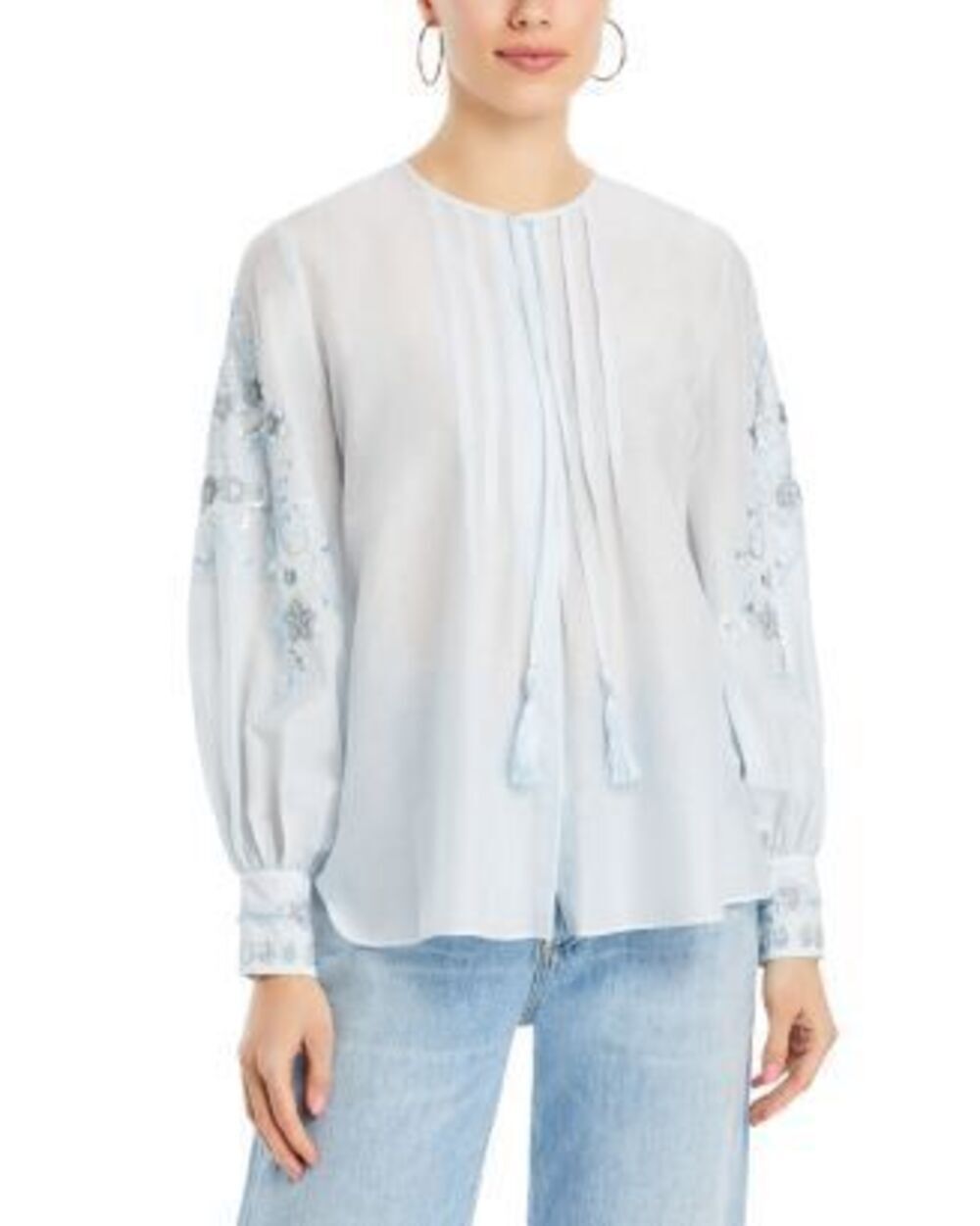 Kobi Halperin Evie Embroidered Linen Tencel Blouse Light Blue Size Medium